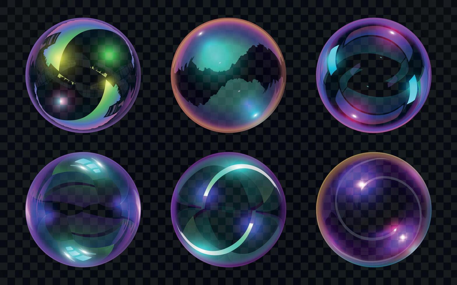Realistic transparent soap bubbles with shiny abstract reflections. Magic glass balls glossy effect. Water colorful foam bubble vector set