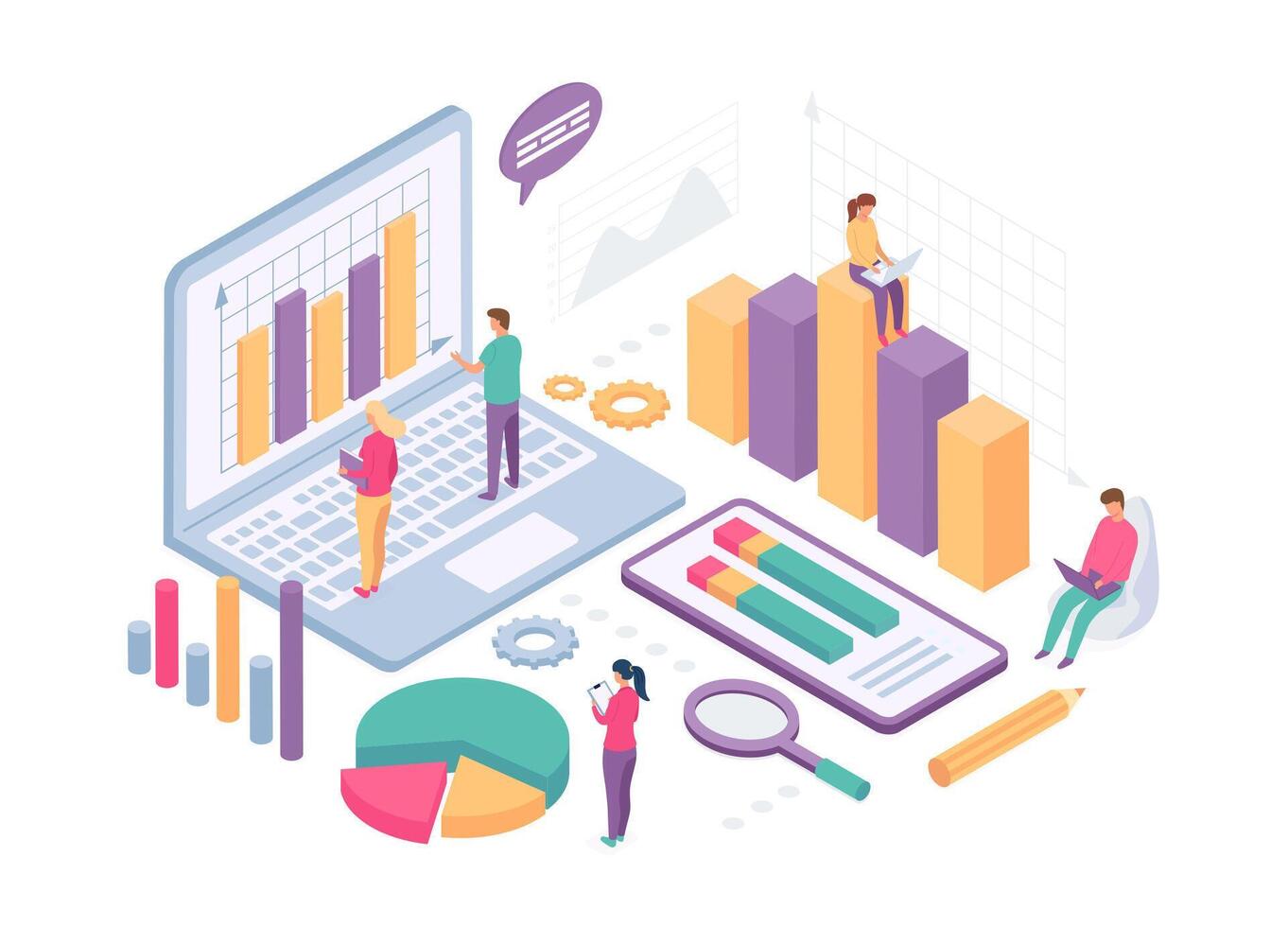 Isometric business analysis. People work with data charts, statistics graph and metrics on computer screen. Finance analytics vector concept