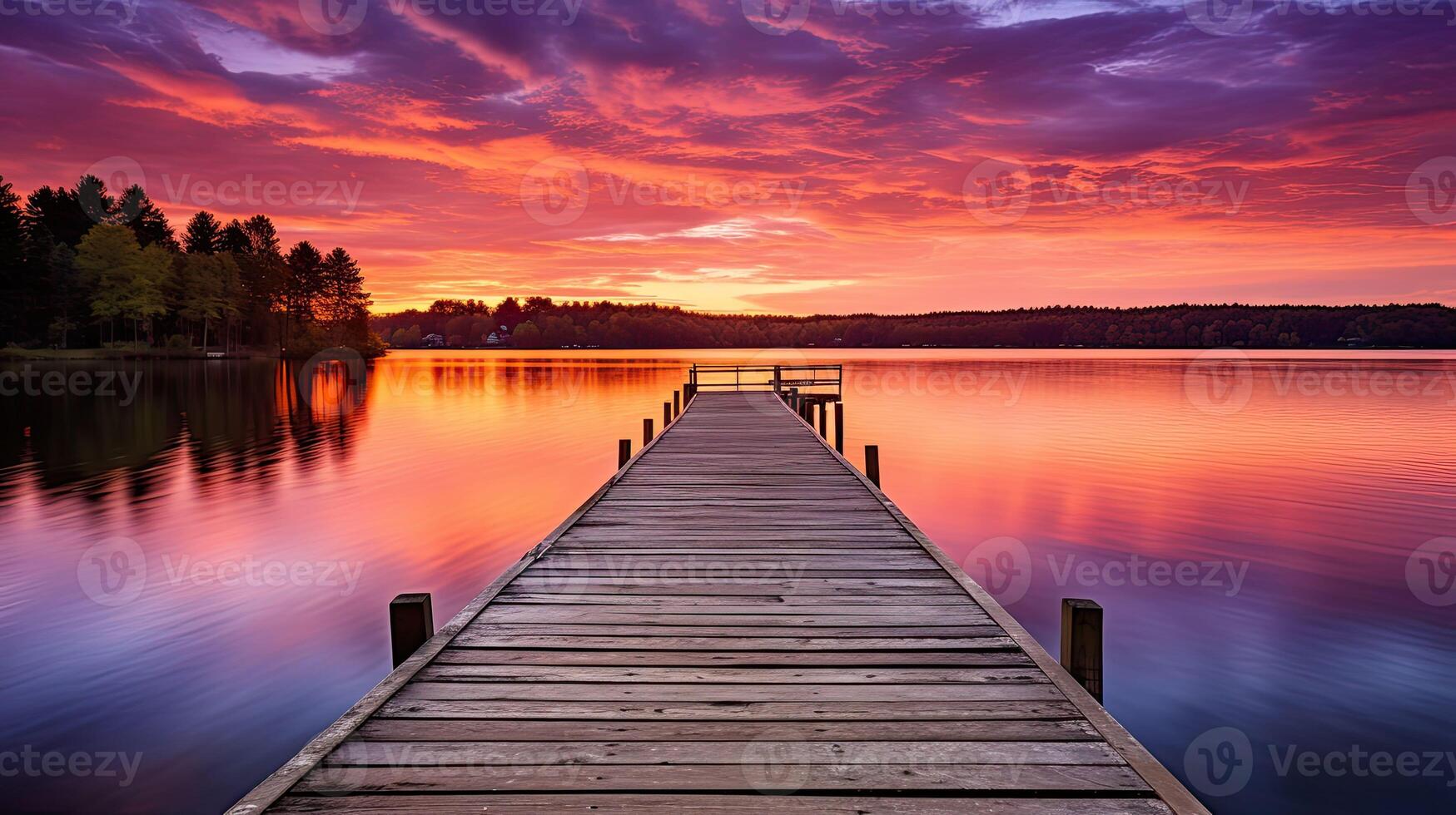 AI generated reflection lake dock sunset ai generated photo