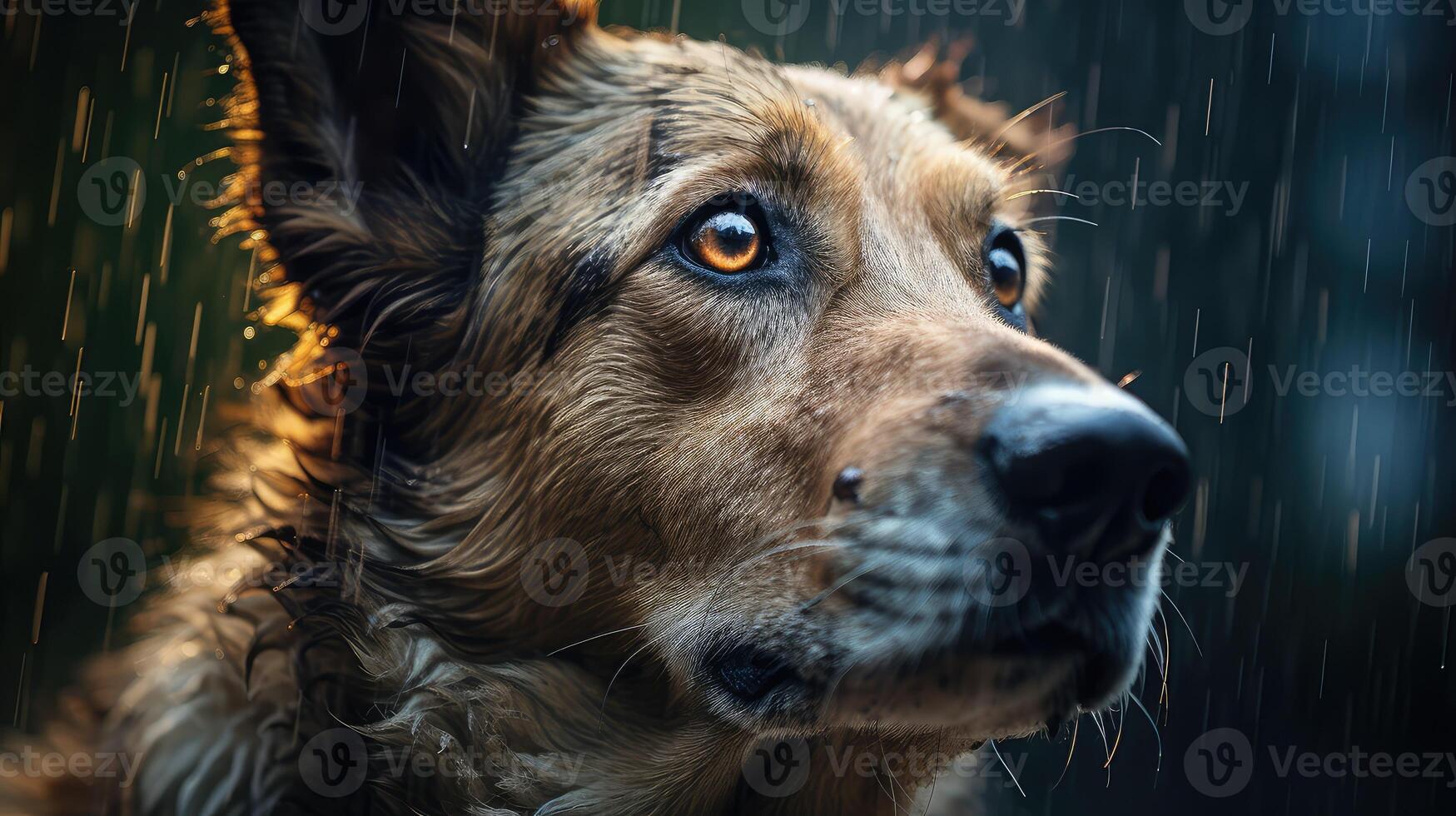 AI generated wet dog in the rain ai generated photo