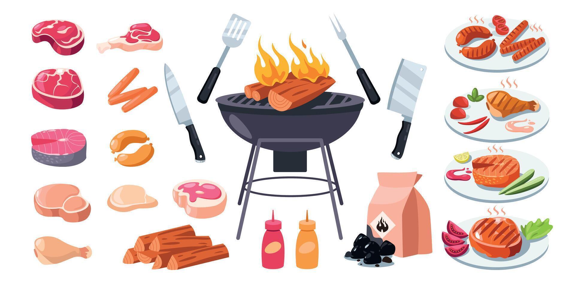 parilla parrilla. dibujos animados barbacoa elementos colocar, brasero carbón brocheta brochetas salchichas salsa carne filetes, picnic equipo a preparar alimento. vector plano colección