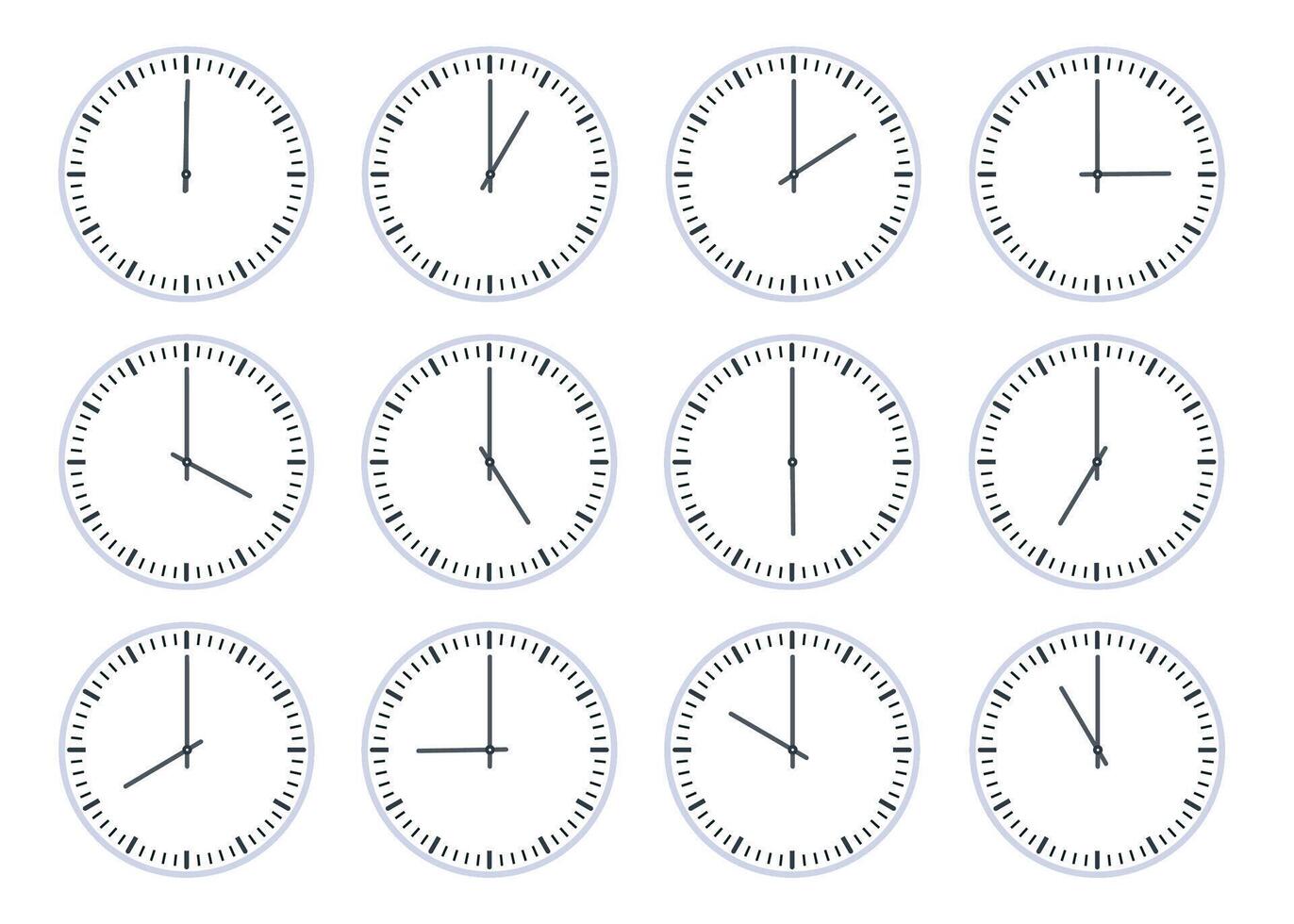 Analog circle clock show time every hour icon. Flat watch face with 12 oclock, timer animation. Wall clocks one to twelve hours vector set