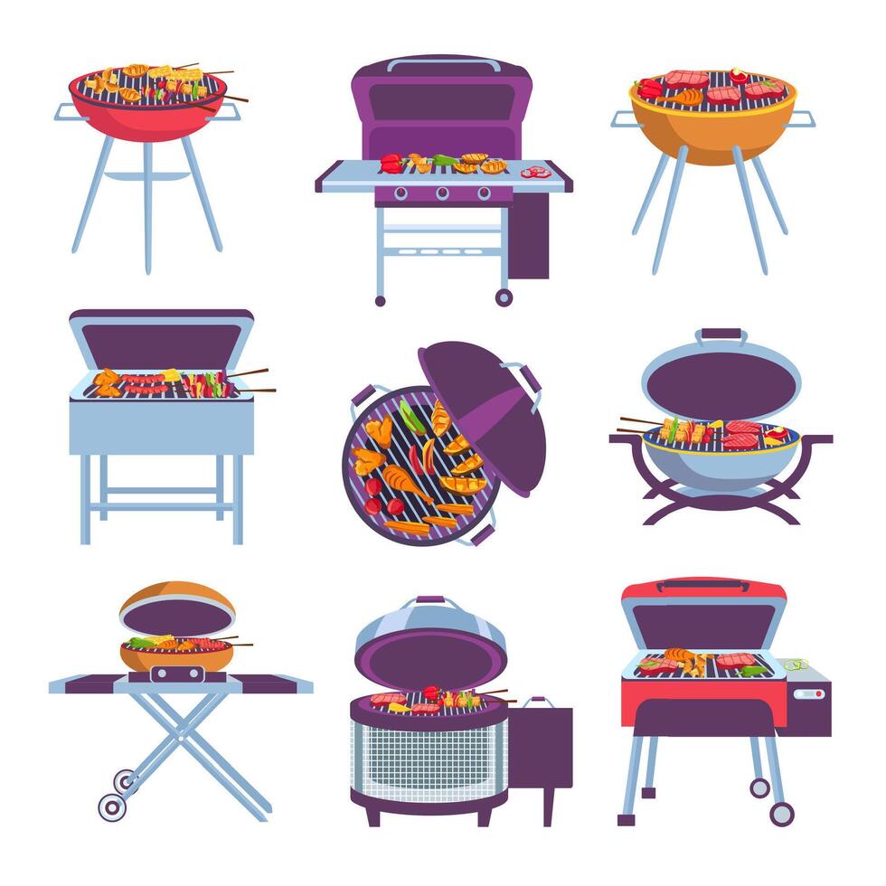 Cartoon barbeque grills. Bbq oven with fry food meat, vegetables, sausage and chicken. Outdoor mobile charcoal brazier designs vector set