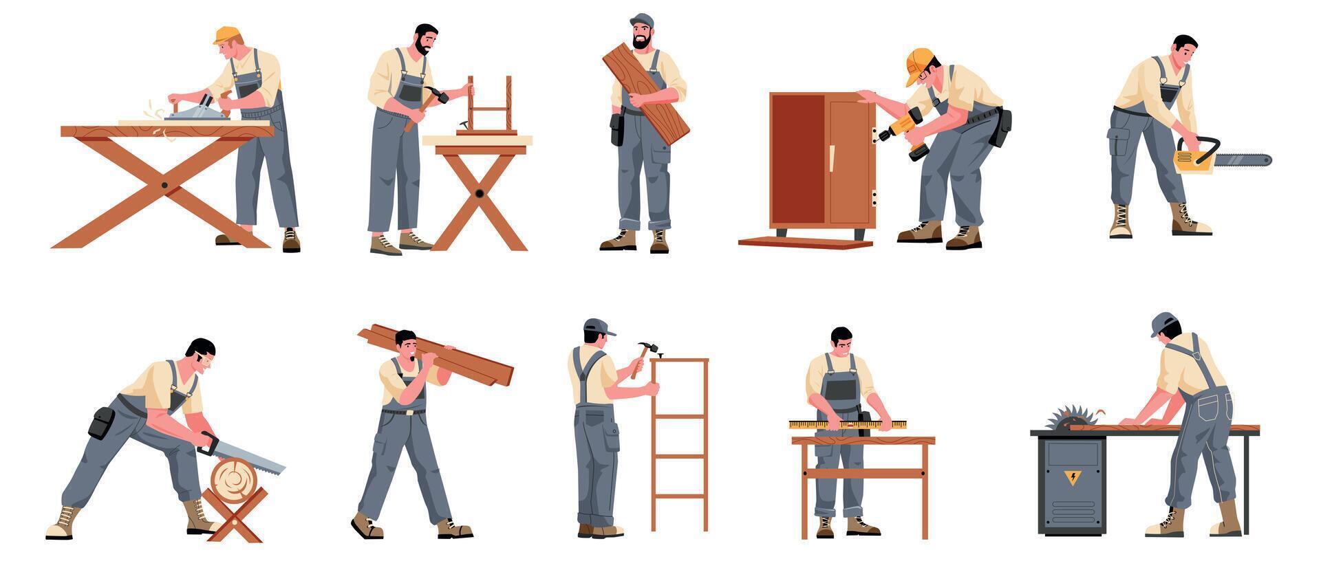 Carpenter character. Cartoon craftsman woodworking industry, joiner with instruments building wooden constructions, carpentry workshop concept. Vector set