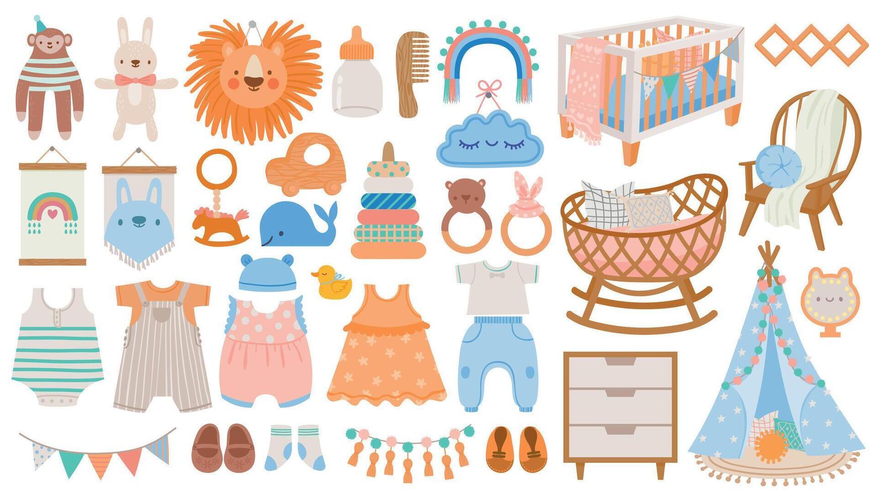 Baby furniture and clothes. Nursery elements, animal toys, decor, cradles, rattles and newborn accessories in scandinavian style vector set