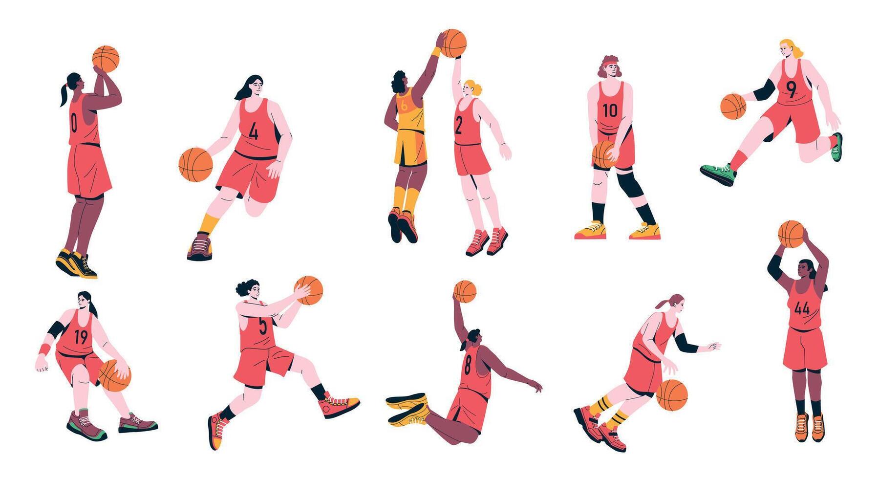 niña baloncesto jugadores dibujos animados mujer caracteres jugando deporte juego, hembra Atletas en uniforme formación lanzamiento pelota en cesta. vector vistoso conjunto