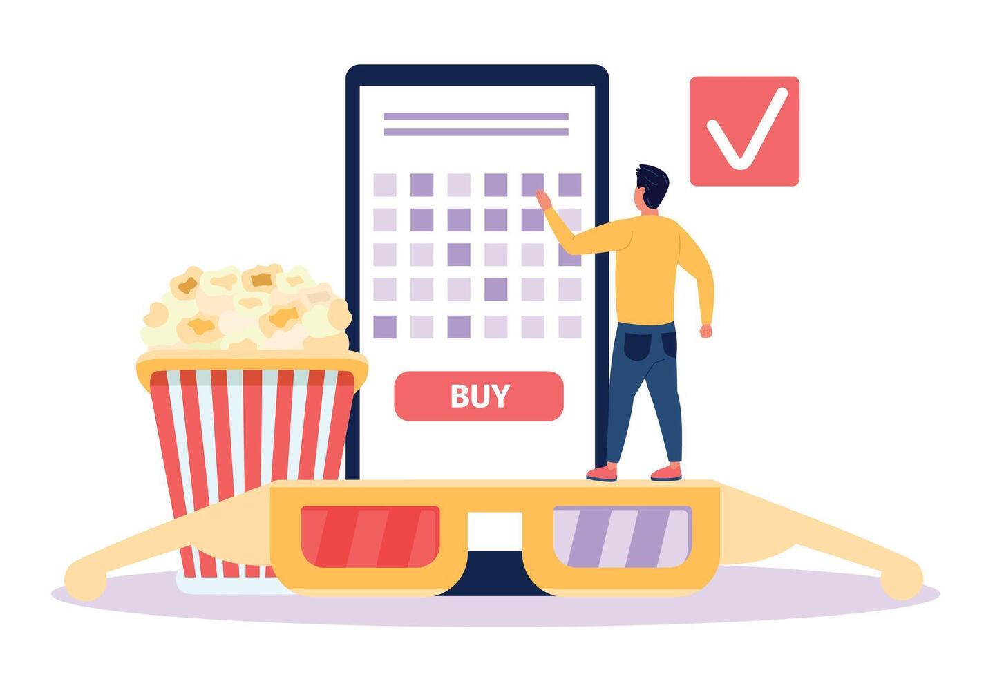 hombre comprando cine Entradas en línea. minúsculo persona reservando película asientos vía teléfono inteligente solicitud. masculino personaje utilizando artilugio vector