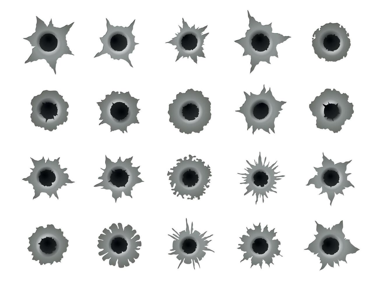 Shot holes. Gun bullet circle crack, ragged circular damage destruction torn hit on surface, peeling gap fissure elements. Vector isolated collection