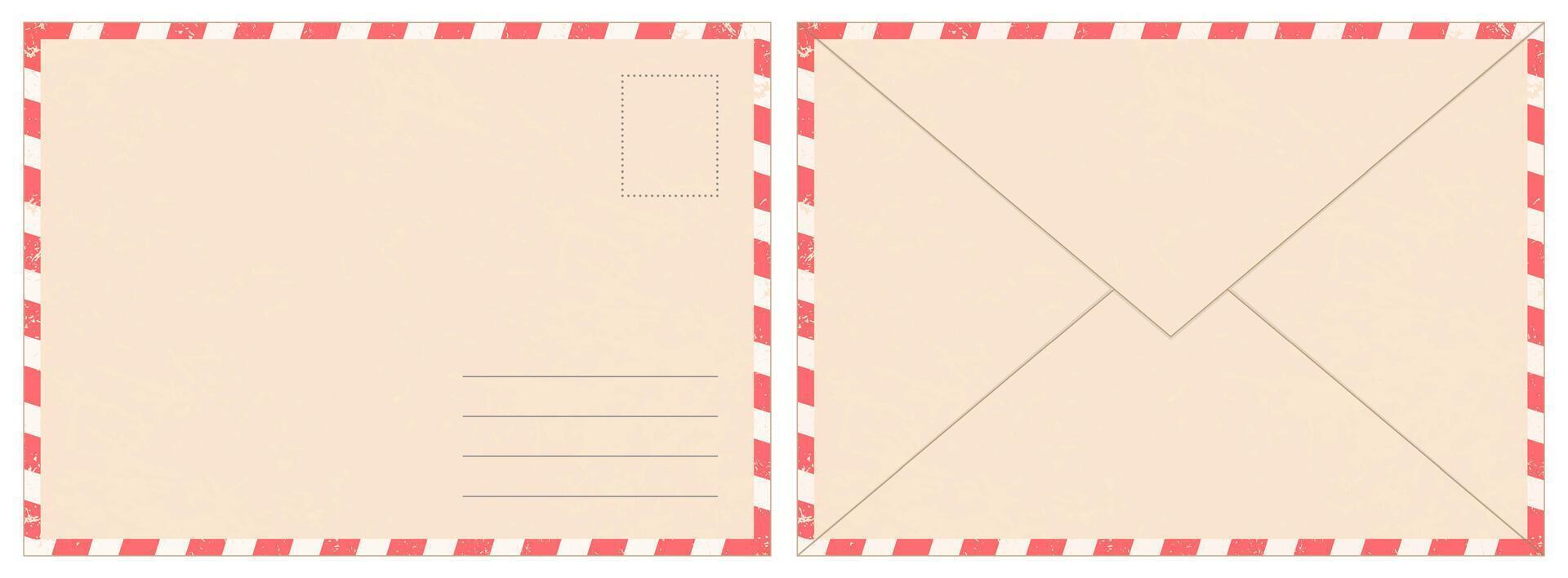 Blank retro postal envelope. Old vintage air mail letter. Craft paper correspondence envelopes back and front view realistic vector mockup