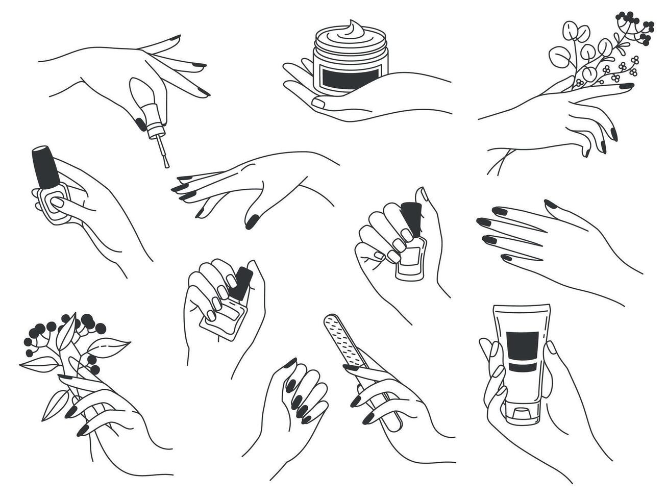 mano manicura y cuidado. hembra logos para uña productos cosméticos y belleza spa salón. manos pintar, archivo clavos, participación polaco y crema, vector conjunto