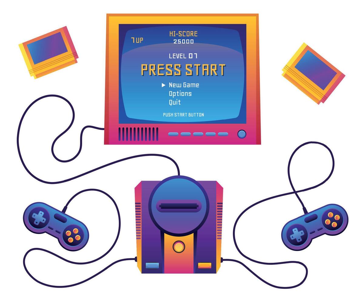 Game console with TV. Retro video device display with joystick gamepad, vintage classic hipster technology for geek entertainment. Vector illustration