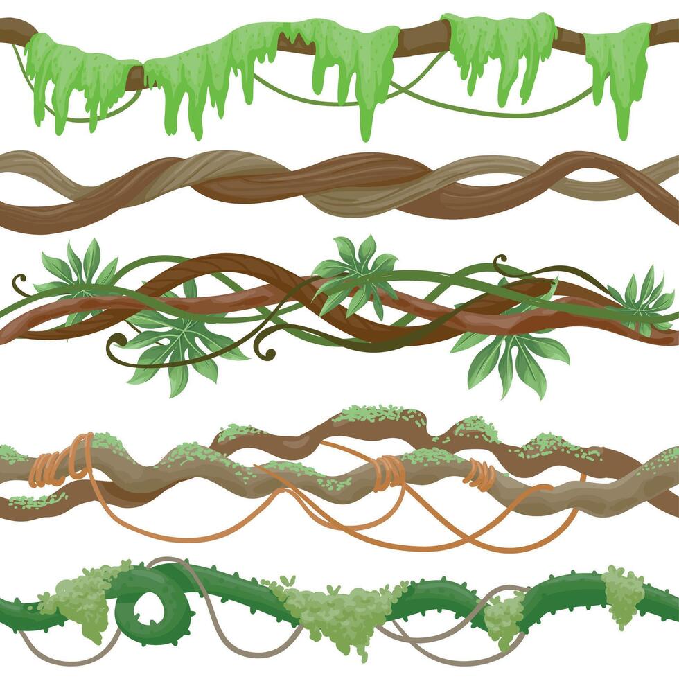 sin costura selva vino en rama. salvaje tropical árbol con liana, hojas y musgo. verde enredadera planta provenir. dibujos animados selva vector modelo