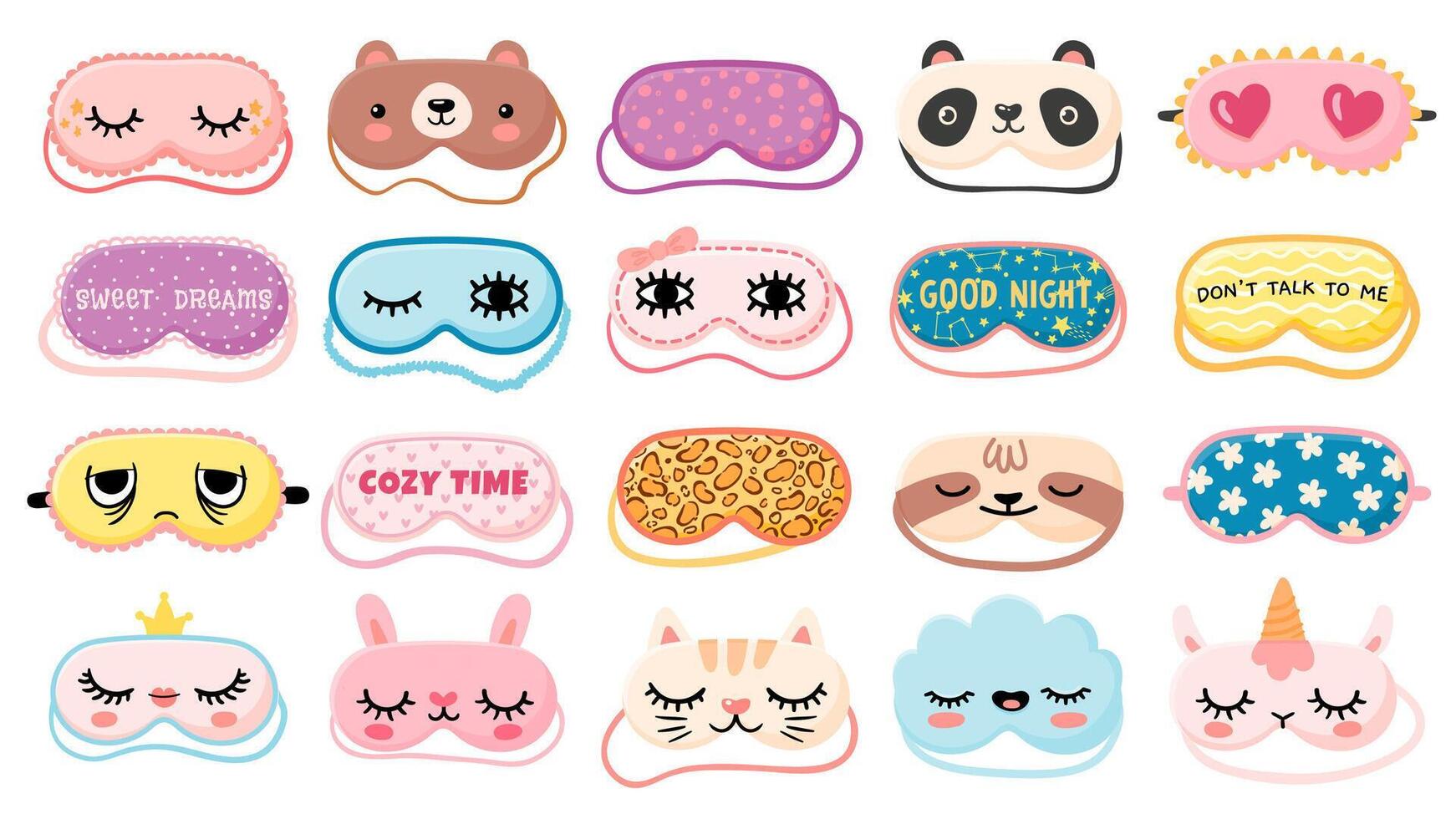 mascaras para soñando noche máscara con linda niña ojos, dormir citas, panda, oso y gato caras. dibujos animados animal máscara para pijama impresión vector conjunto