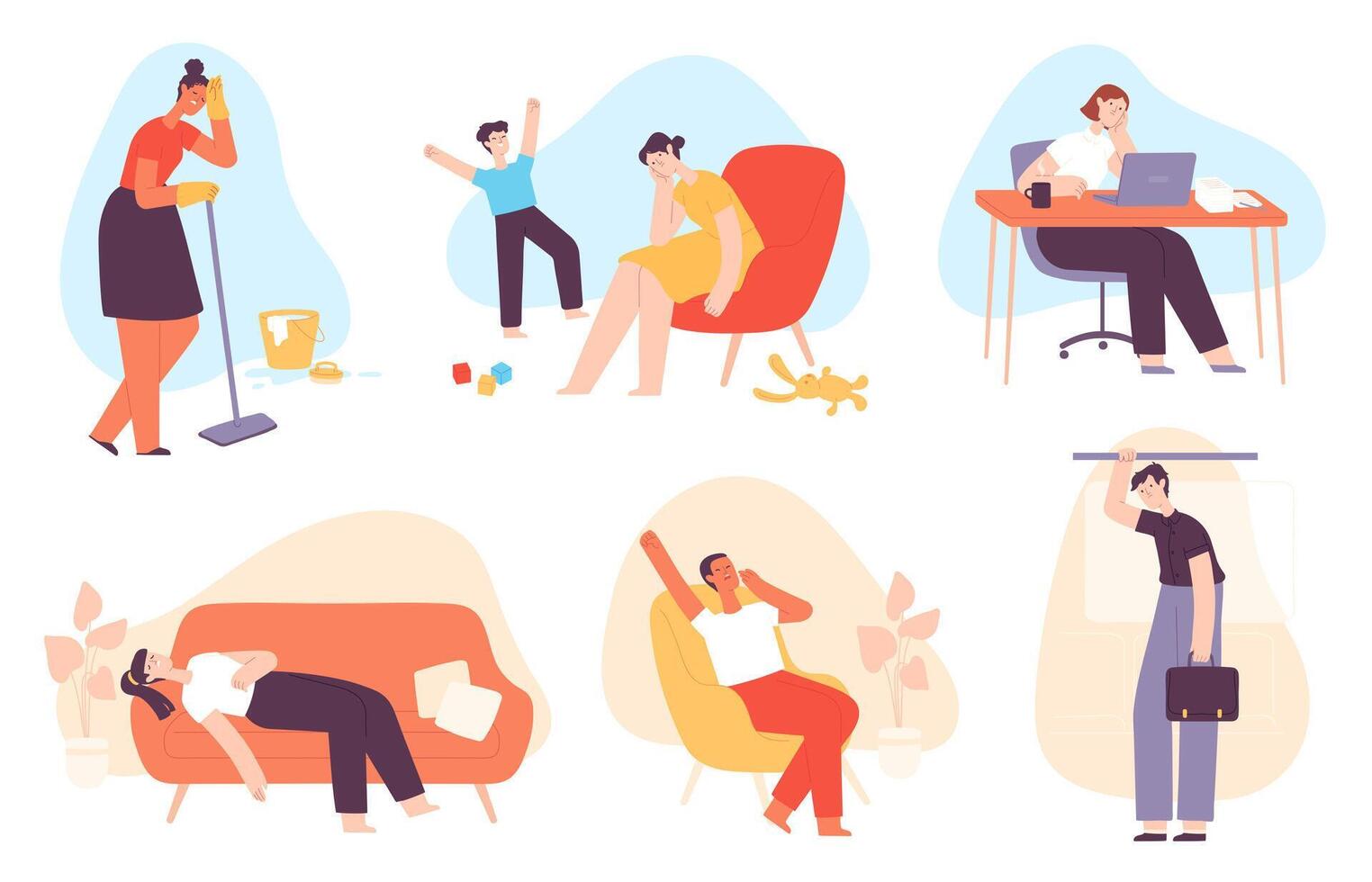 Tired people. Exhausted men and women with anxiety and stress. Depressed mother, bored office worker, sleepy and burnout person vector set