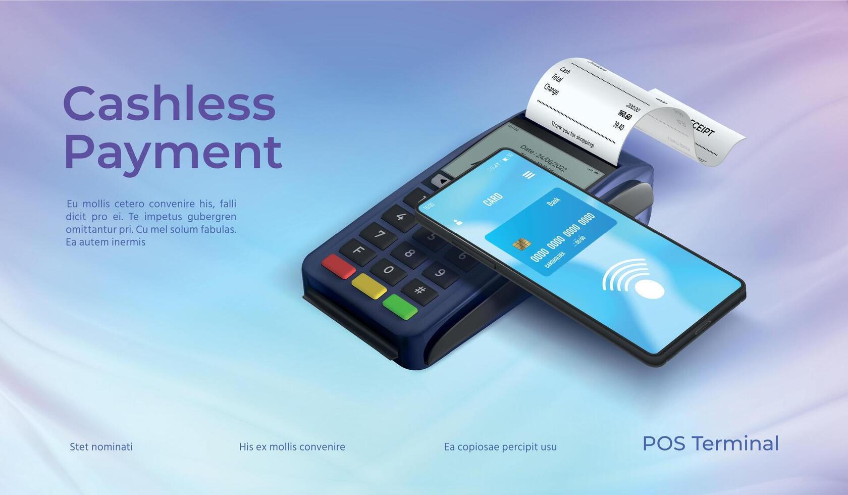 Cashless phone payment technology poster with pos terminal. Wireless pay system. Realistic bank cashier device for business vector concept