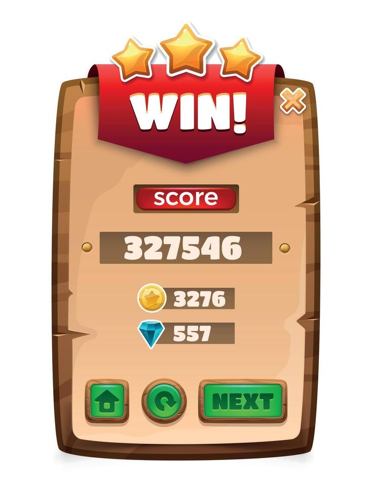 You win game banner. Cartoon level complete interface panel with score table and award icons. Vector game background illustration with GUI menu