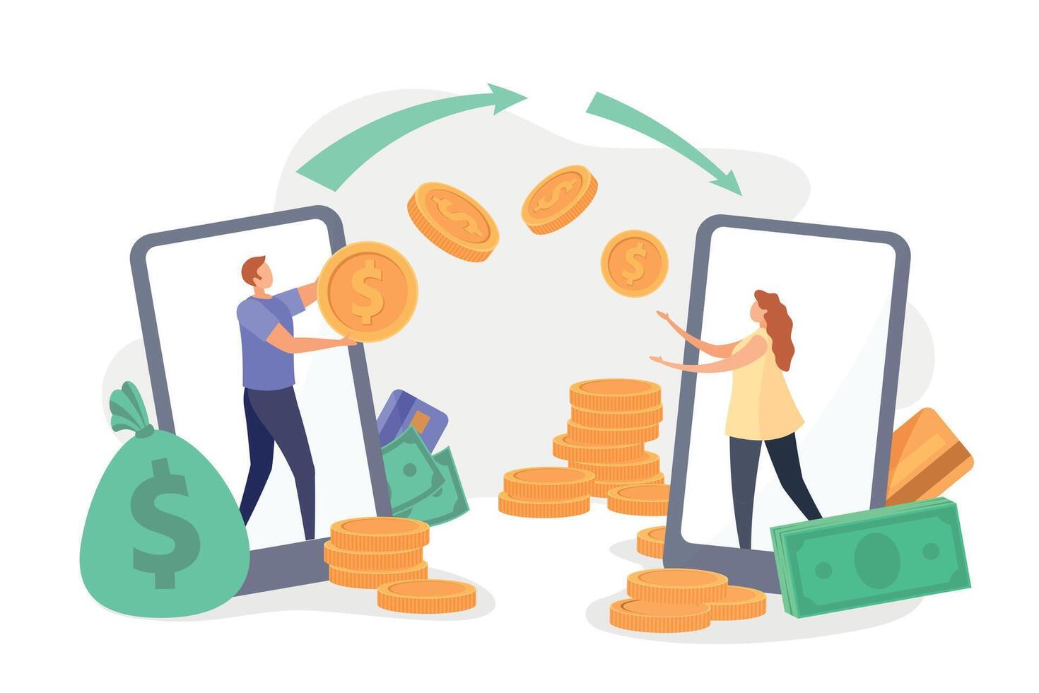 Flat characters transfer money with smartphone wallet app. Instant payment receiving, mobile bank transaction, cashback pay vector concept