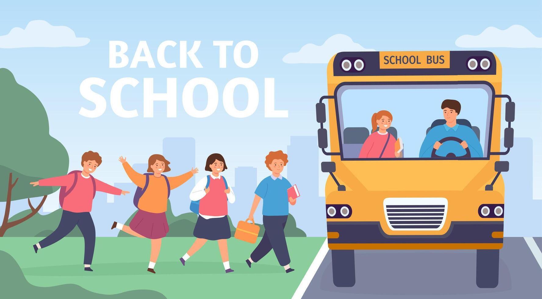 Kids ride to school. Group of elementary students board bus with driver. Cartoon preschool children road trip back to school vector concept