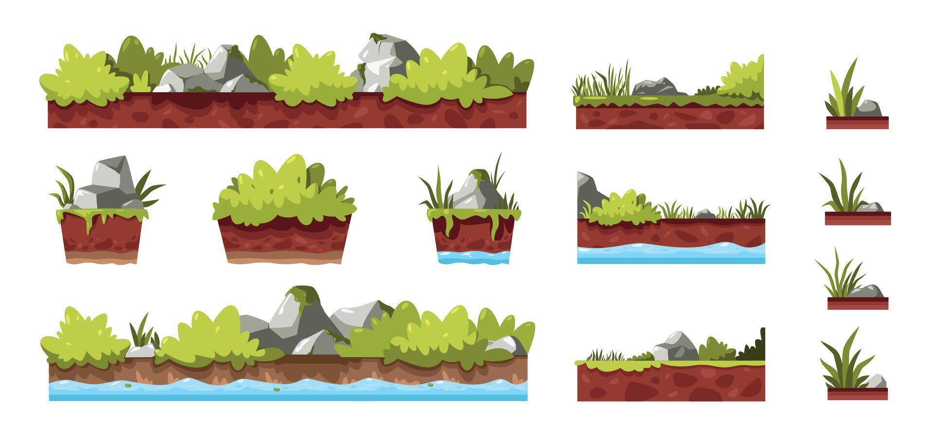 Grass and rocks. Cartoon doodle stones bush tree leaves moss shrub, natural forest garden plant elements different shapes for game asset. Vector isolated collection