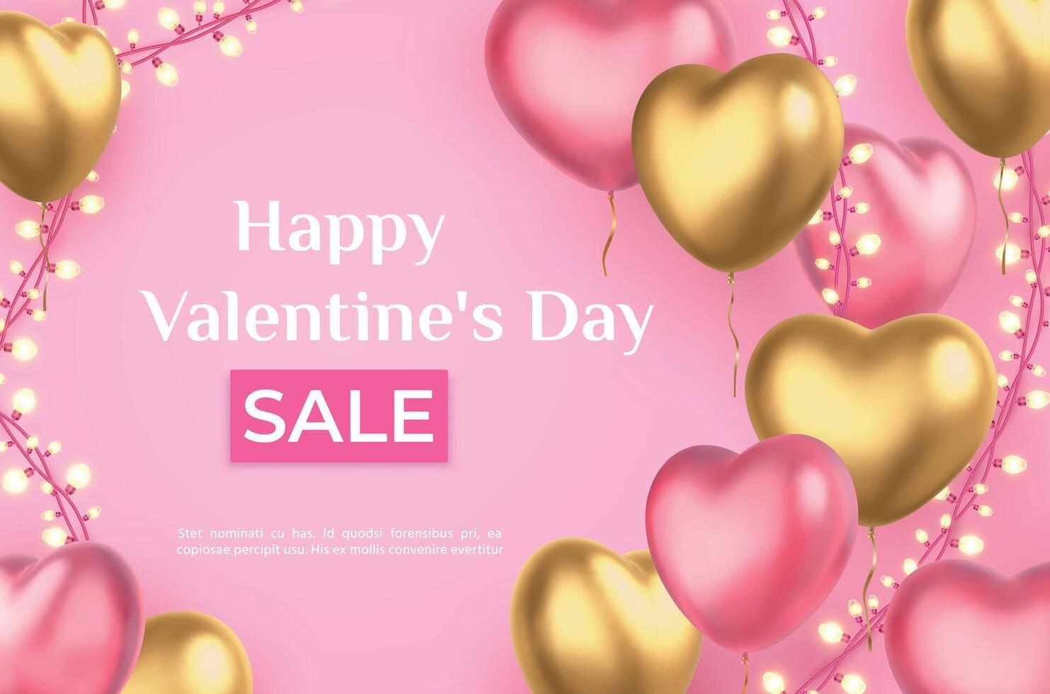 Valentines Day sale poster with heart balloons and garland lights. 3d realistic love holiday pink and golden hearts, discount vector banner