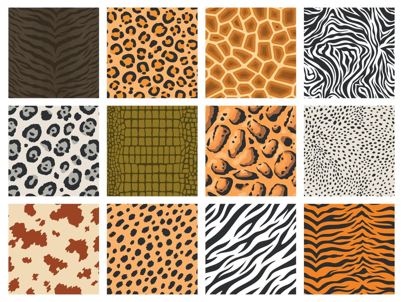 Animal pattern. Tiger leopard zebra skin texture collection, reptile and mammal camouflage printing, animal fur pattern. Vector safari background