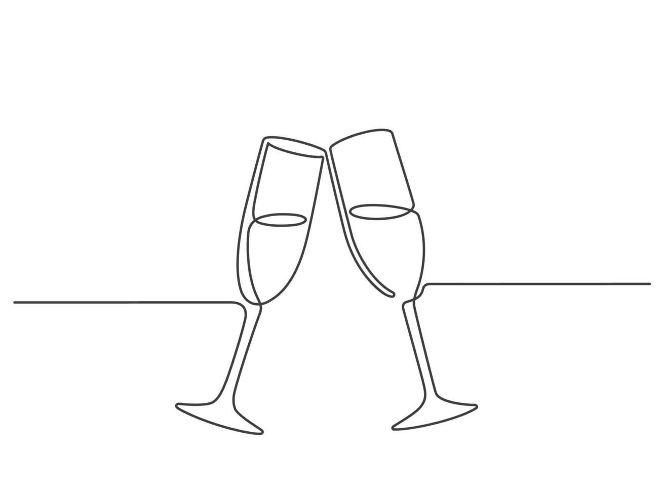 One line champagne toast. Continuous linear couple wine glasses clink. Wedding party cheers. Minimalist new year celebration vector concept