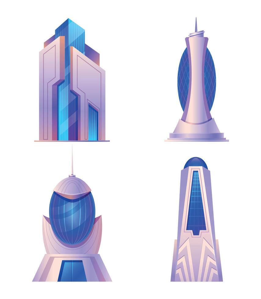 Cartoon futuristic city buildings of set, modern architecture vector