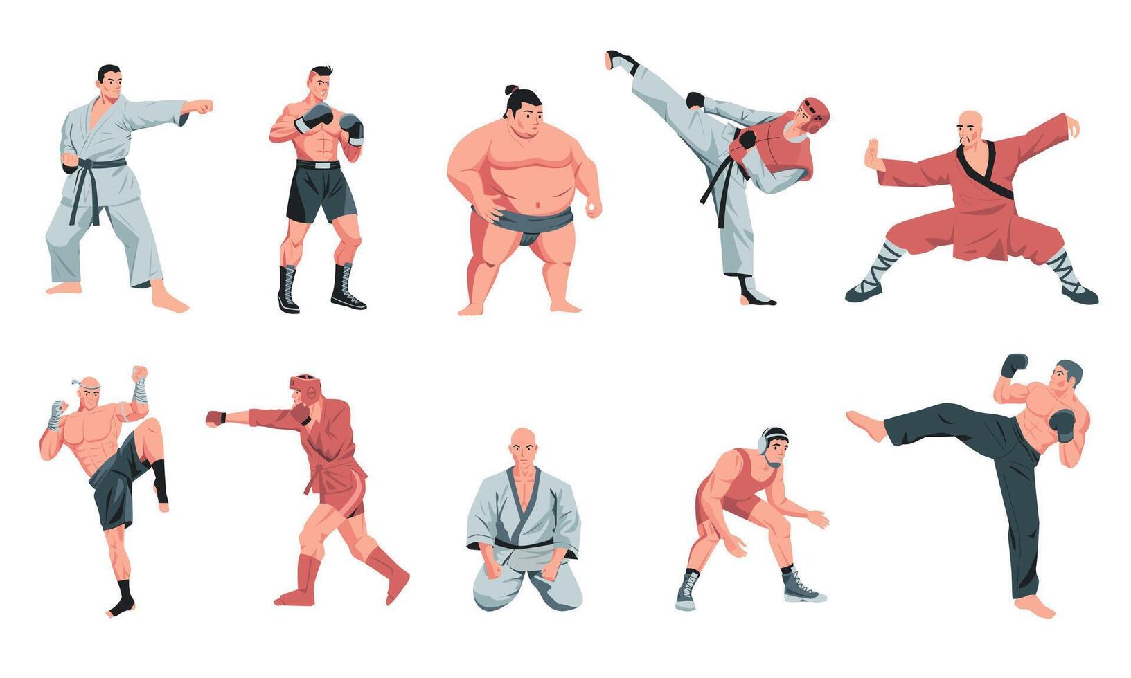 Martial arts fighters. Cartoon warrior characters sparring and training in uniform, traditional fight activity karate judo aikido sports. Vector isolated set