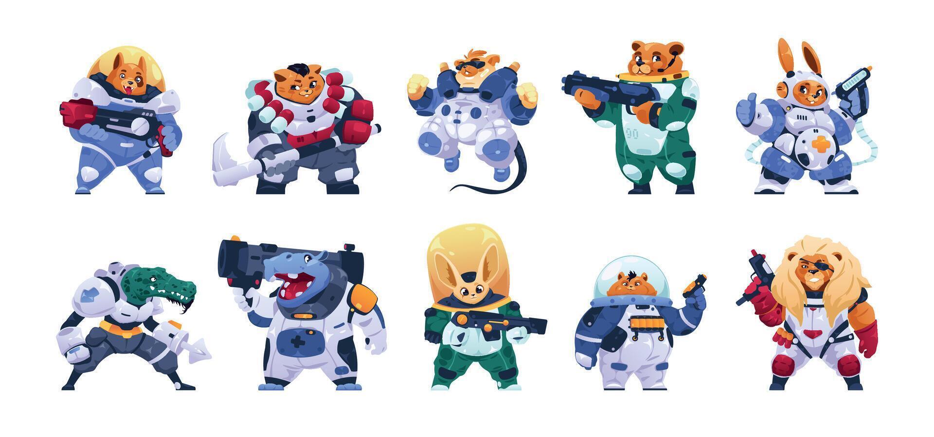 Fantasy animal warriors. Cute cartoon mascot game characters with armor shield sword helmet, fantasy kawaii funny pets with knights weapon. Vector colorful set