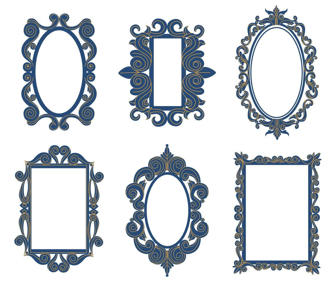 Clásico barroco antiguo decorativo tracería espejos elegante fronteras con curvas elementos de diferente forma tal como oval y rectángulo vector