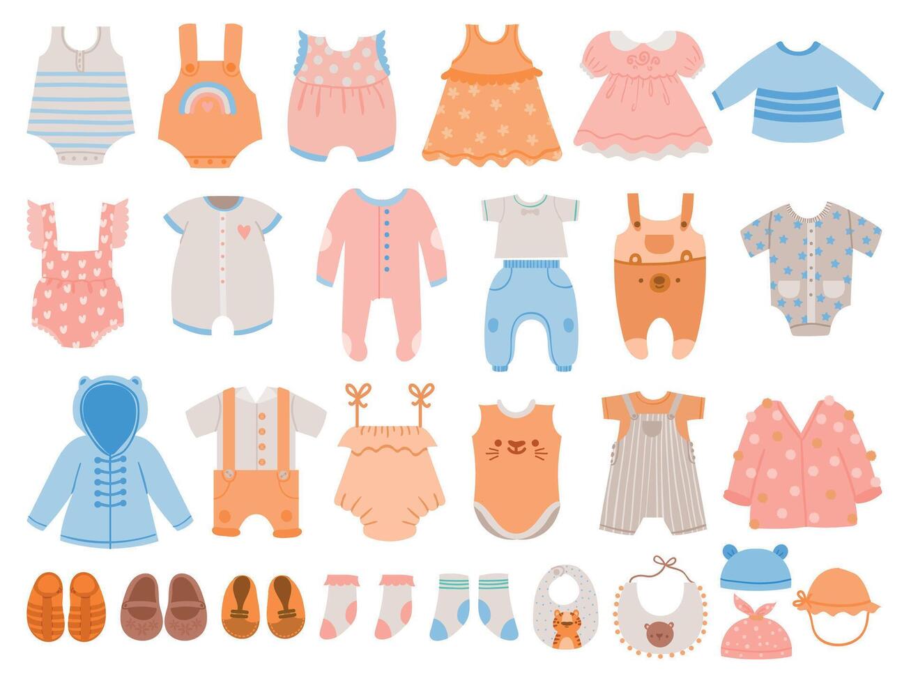 Newborn clothes. Baby apparel for boys and girls, dresses, jumpsuit, body suits, rompers, t-shirts and pants. Cartoon kids wearvector set vector