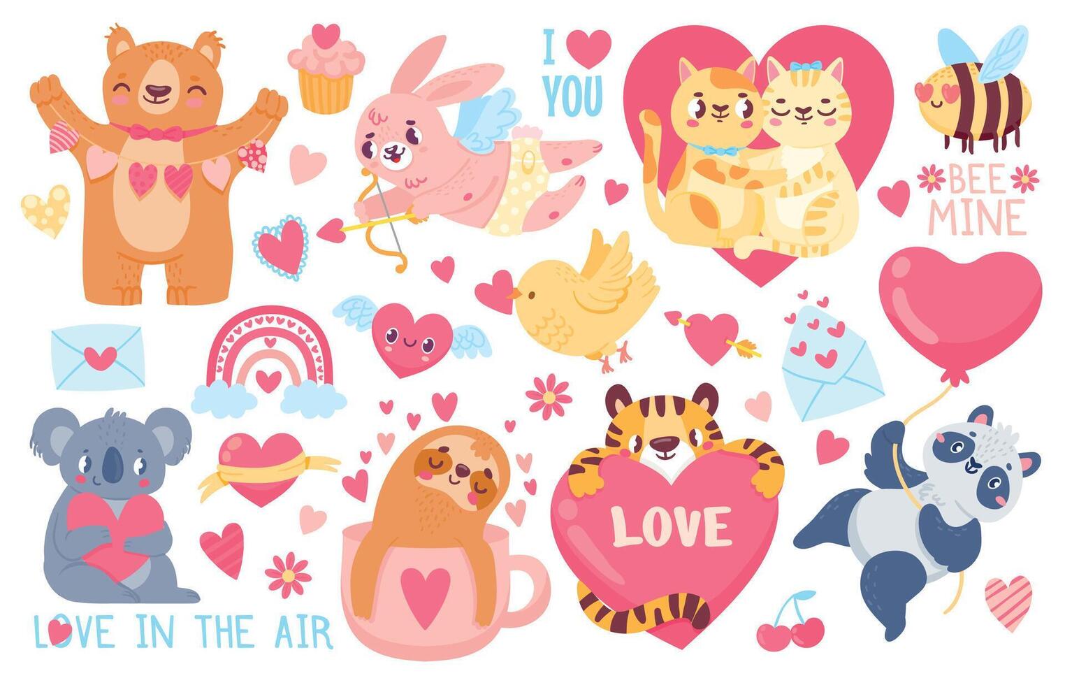san valentin día animales Cupido conejito, mascota gatos amor Pareja abrazo, tigre, coala y panda con corazones. contento san valentin linda pegatina vector conjunto