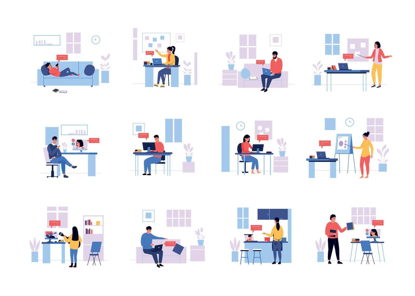 Online course. Cartoon scenes of persons learning at home with laptop and computer, teachers and students studying. Vector remote lessons concept set
