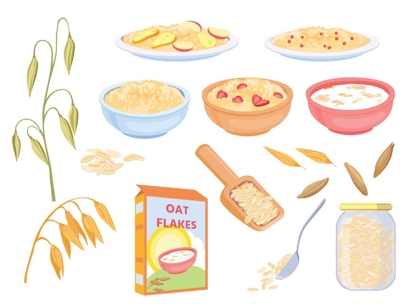 Cartoon oatmeal breakfast cereals, sweet flakes and grains. Oat plant and seed. Porridge with fruit in bowl. Healthy granola food vector set