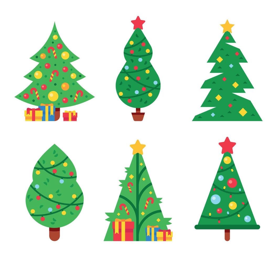 Christmas trees decorated with lights garlands and star on top. Cartoon xmas and new year fir trees with gift boxes vector