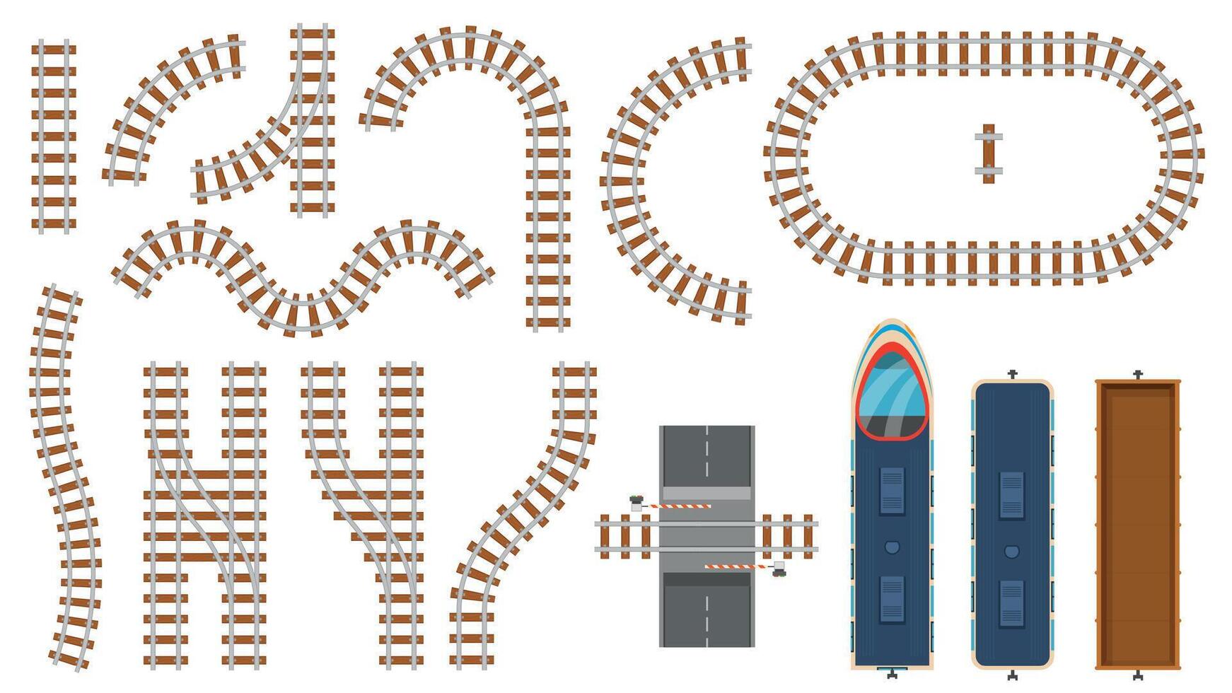 Flat railway and railroad elements top view. Train track map construction, barrier, curved rail roads, locomotive and cargo wagon vector set