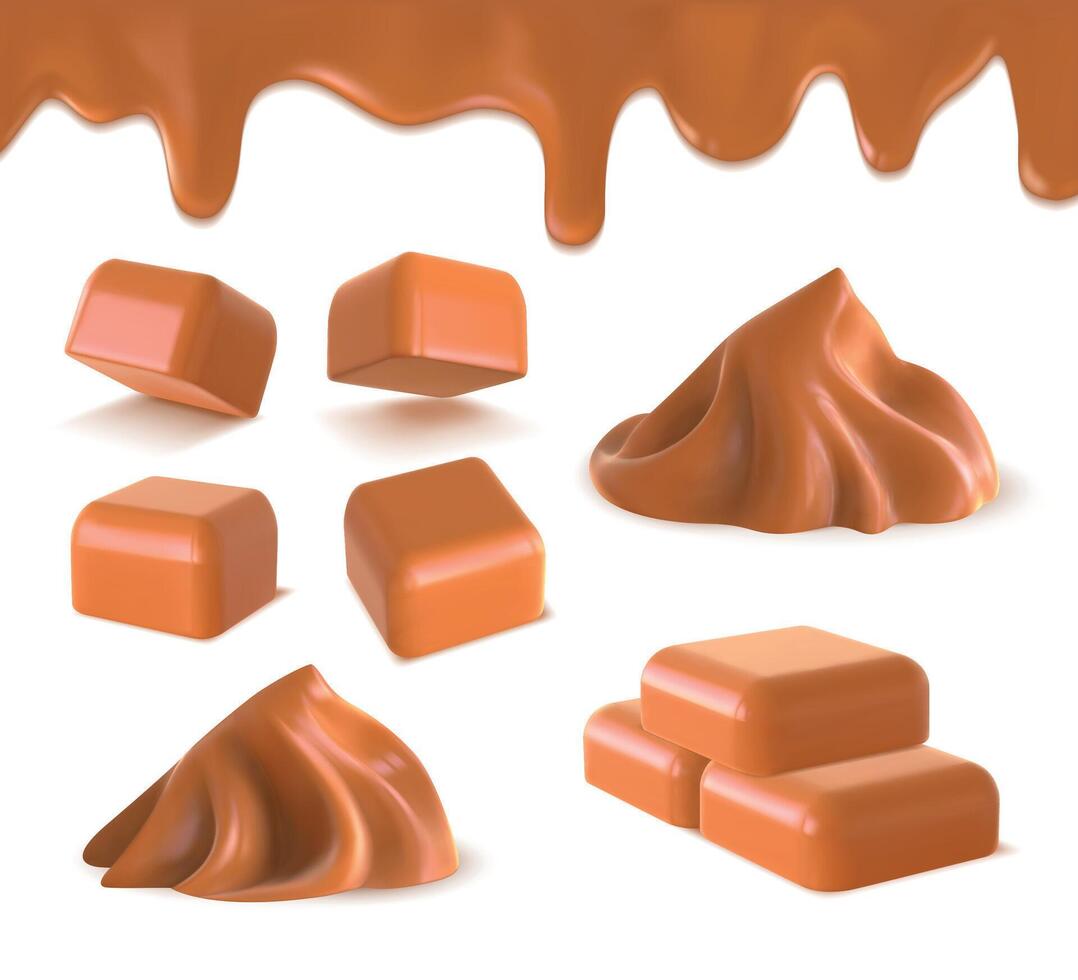 Realistic liquid caramel, cube toffee candies and peanut butter. 3D sweet melted caramel border and swirl. Condensed milk dessert vector set