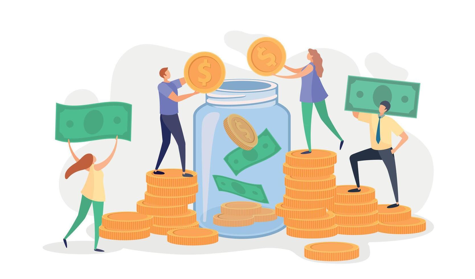 Flat people throwing money, bills and coins into glass jar. Characters collect donations. Family or business savings in bank vector concept