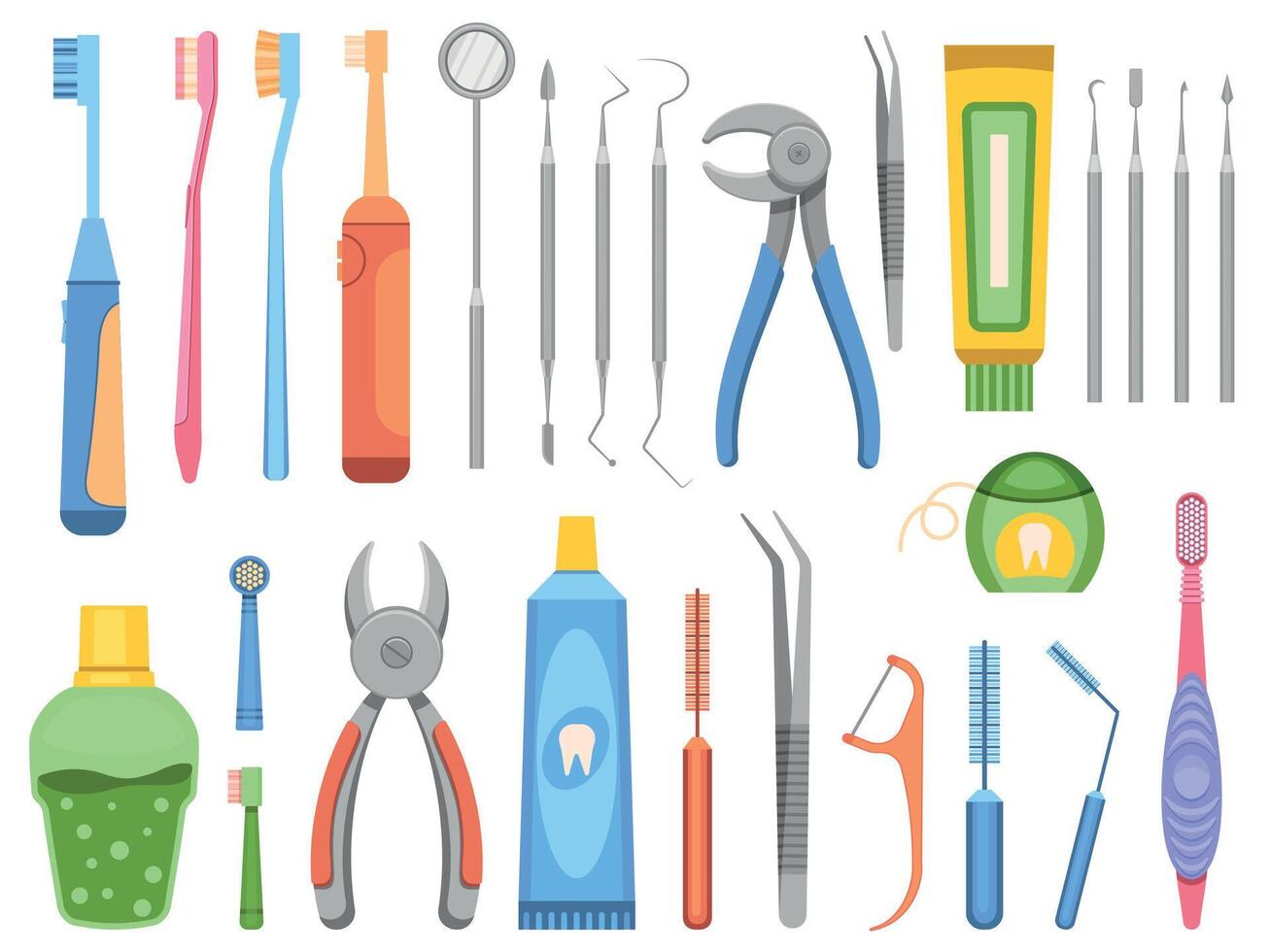 Flat stomatology clinic equipment, dentist tools, toothbrushes and mouthwash. Mouth and teeth, oral care professional instruments vector set