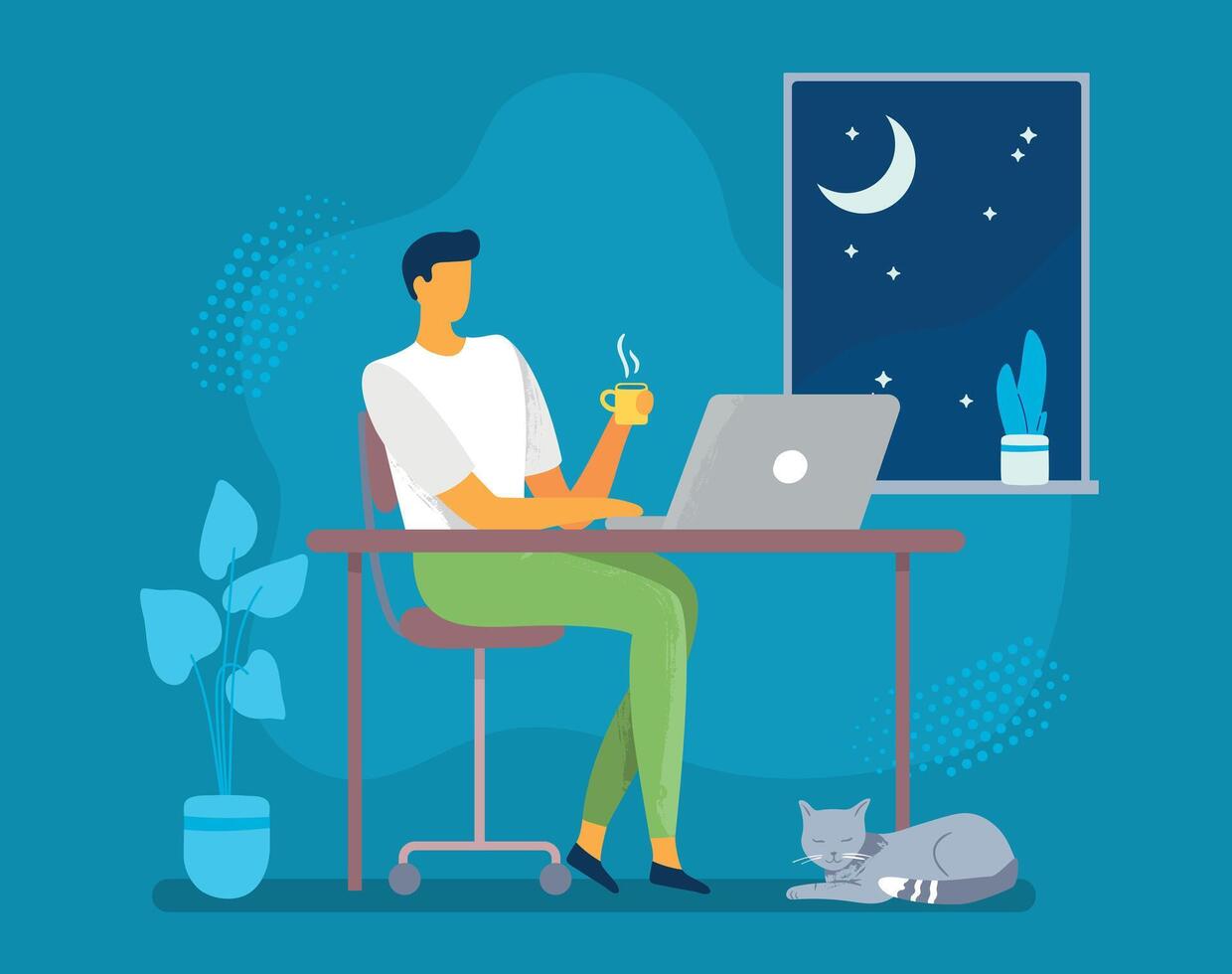 Man work late at night, home work place vector