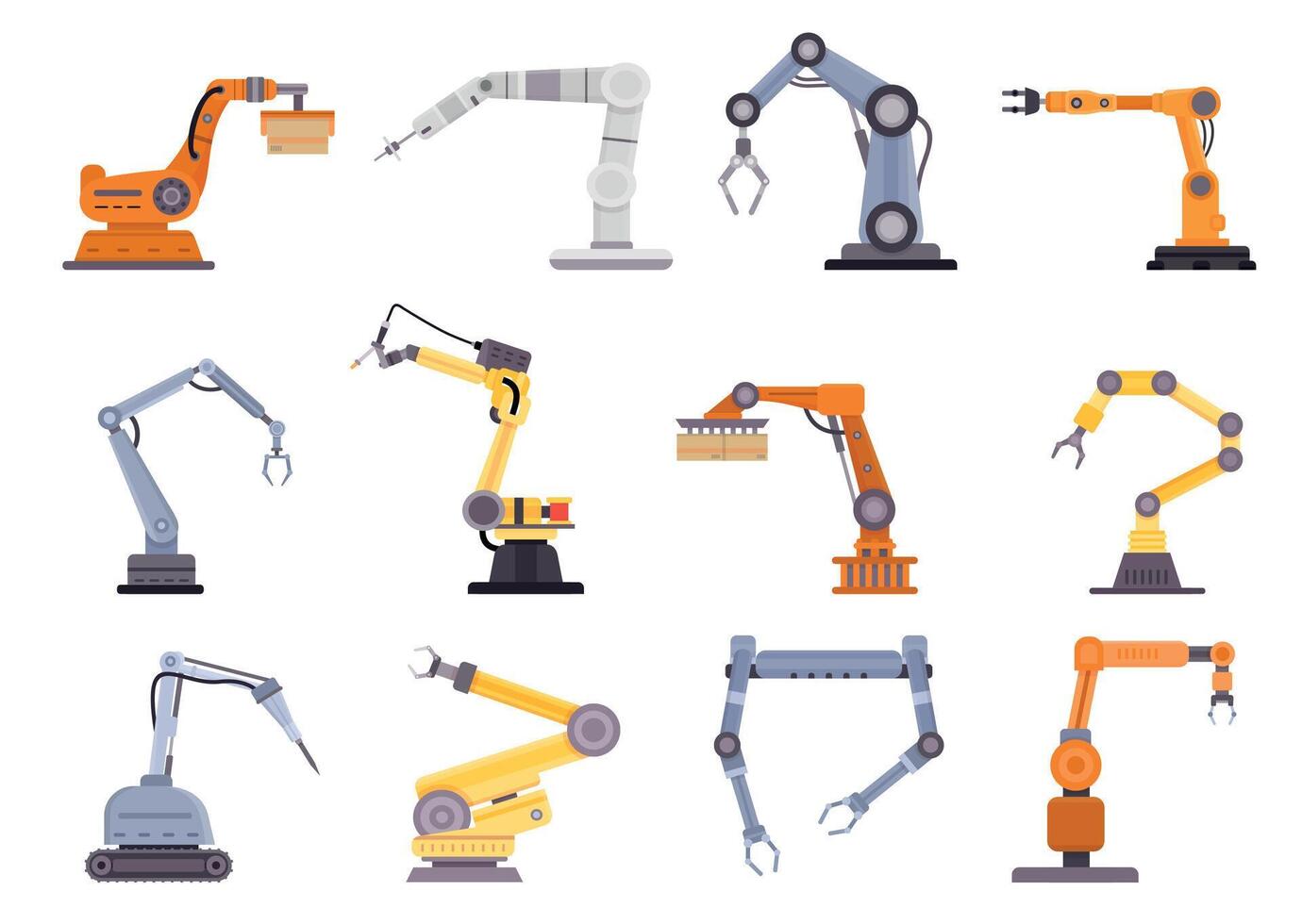 Factory robot arms, manipulators and cranes for manufacture industry. Flat mechanic control tool, automation technology equipment vector set