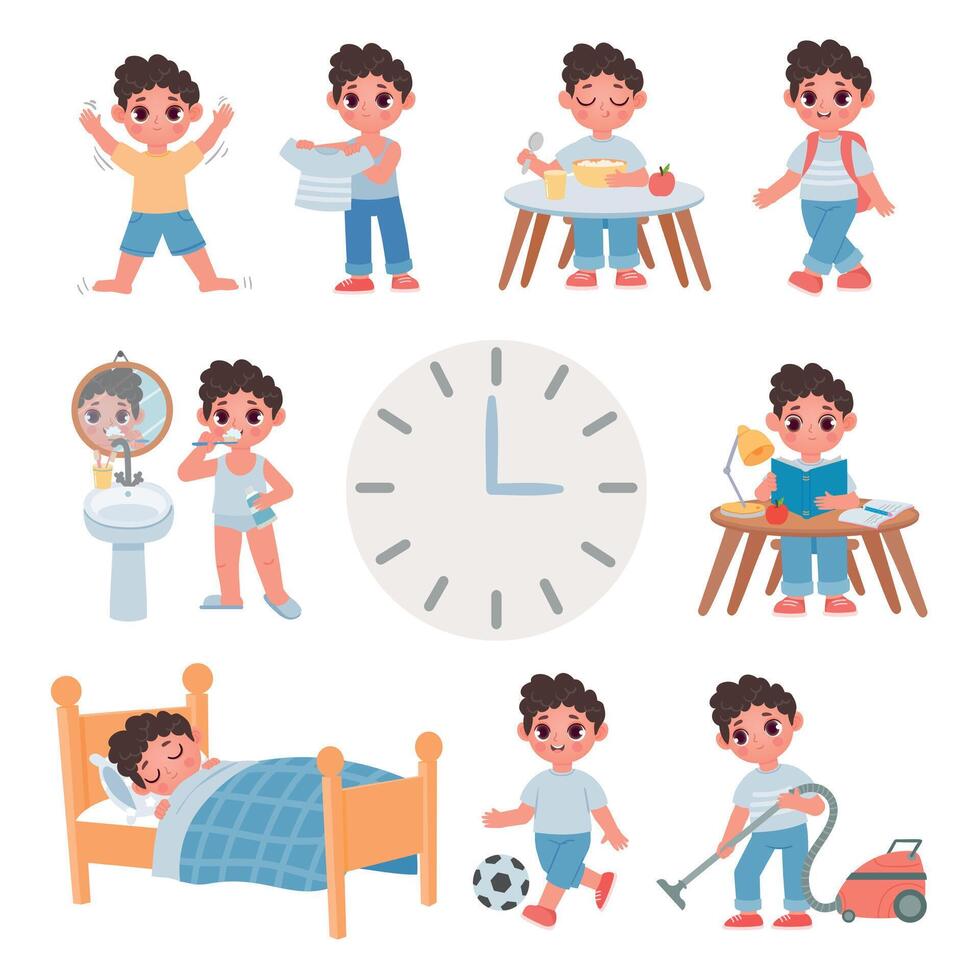 Day routine activity for cartoon school kid boy. Daily schedule with cute boy sleep, eat, play, study and clean. Health lifestyle vector set