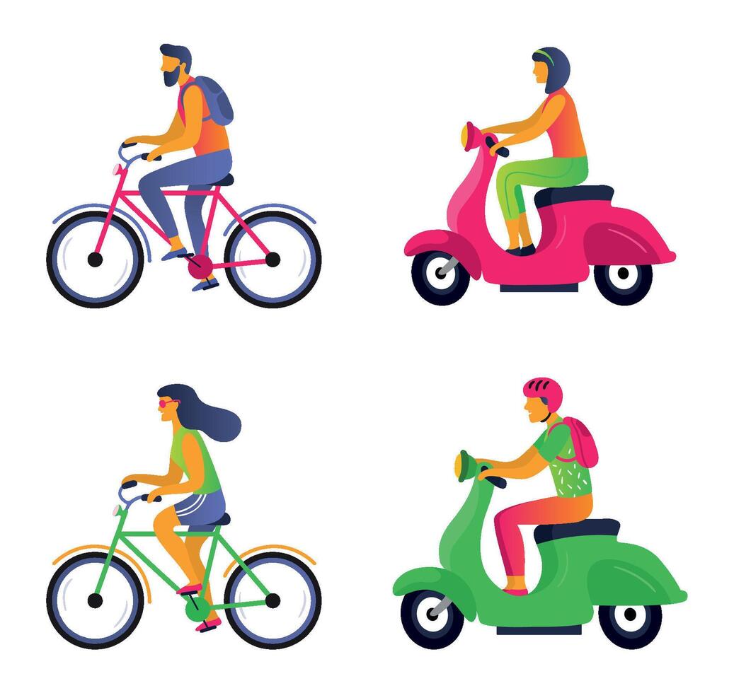 People on city transport, bicycle and motorcycle vector