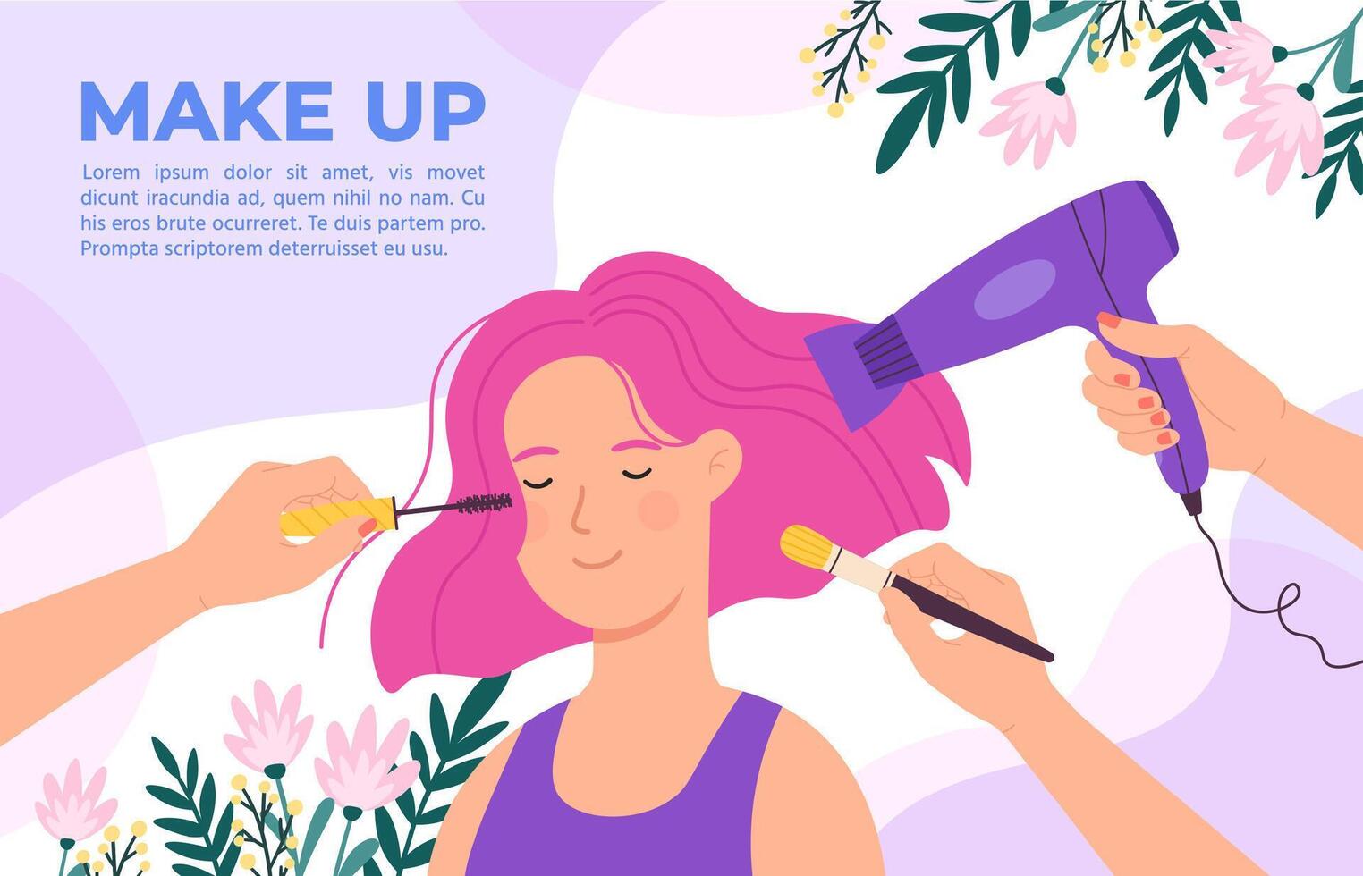 niña en belleza salón. maquillaje artista y peluquero manos con cepillar, máscara y secadora. cosmético productos, pelo cuidado póster vector concepto