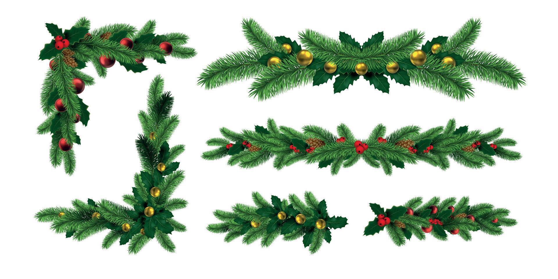 Realistic christmas tree garlands borders and frame corners. Winter holiday decoration with fir branch, holly leaf and pine cones vector set