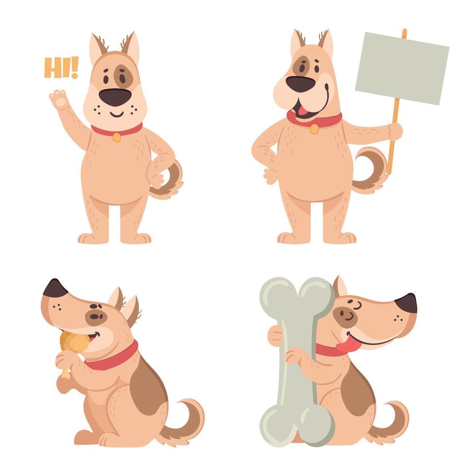 Cartoon cut dog mascot. Funny domestic characters holding blank placard or banner for protest, waving vector