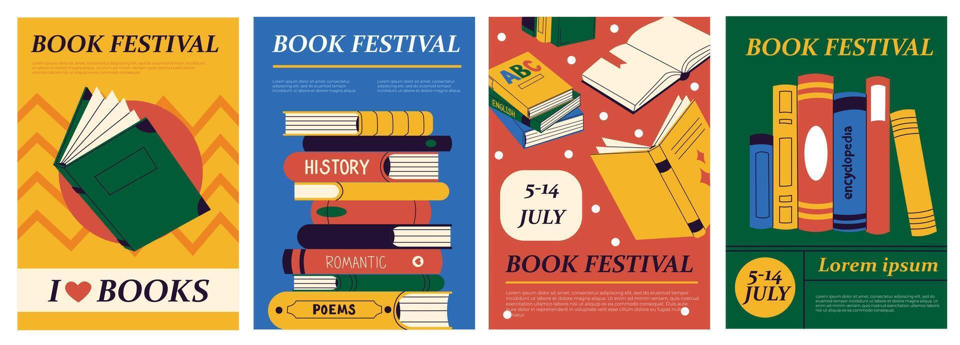 Books posters. Abstract modern covers of fiction and education genre, book festival banners. Summer magazine design vector concept