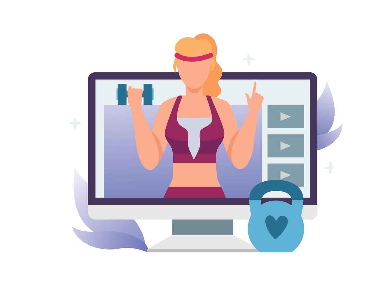 Fitness video blogger on computer screen. Woman doing online training with dumbbell. Female character lifting weight vector