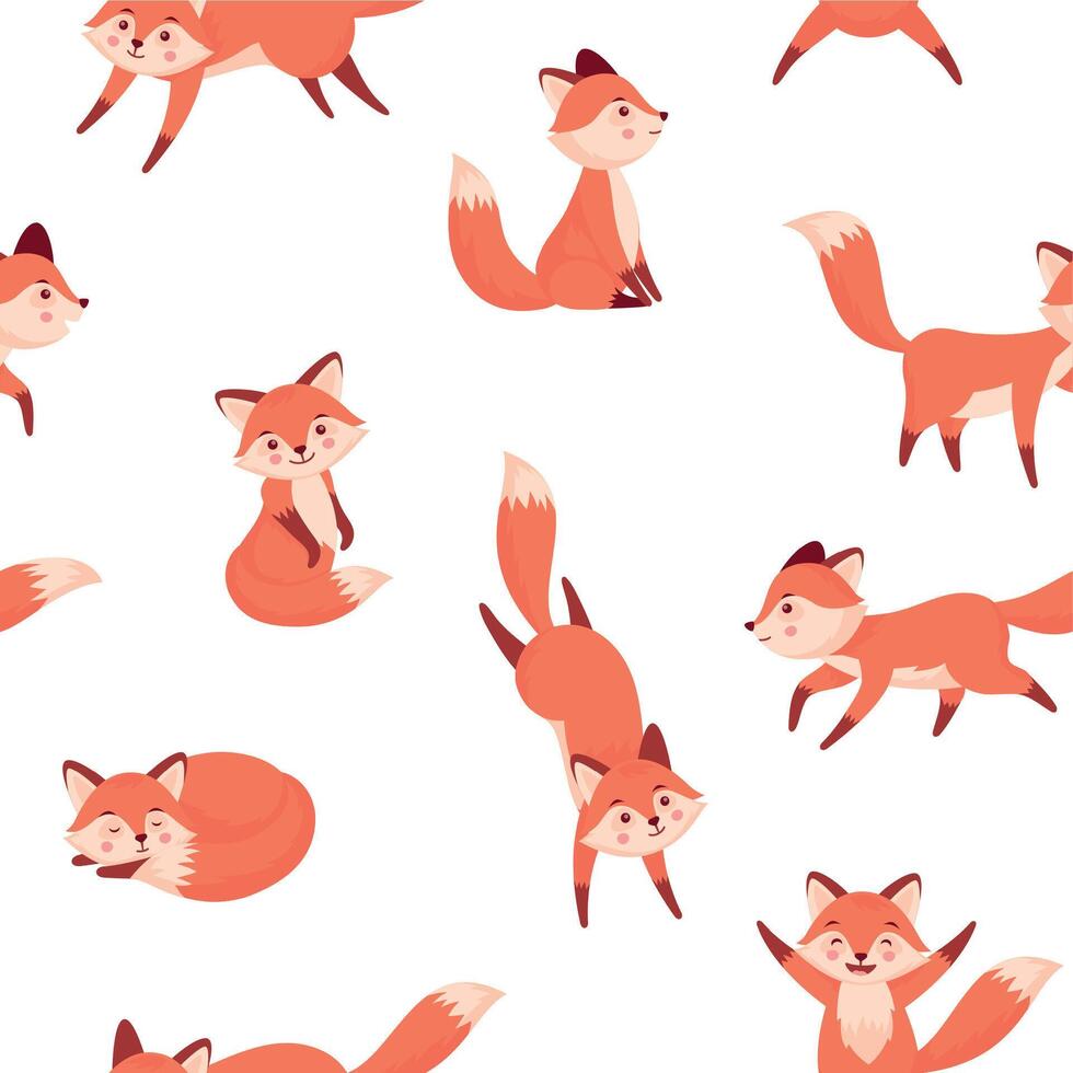 Cartoon fox pattern. Seamless print with cute forest animal characters in different poses for wrapping, wallpaper, fabric, endless background. Vector texture