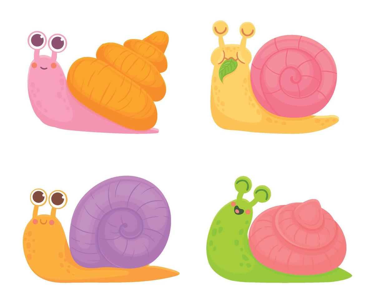 Cartoon snails. Slow colorful animals with spiral shell crawling. Friendly characters smiling, laughing and eating leaf vector